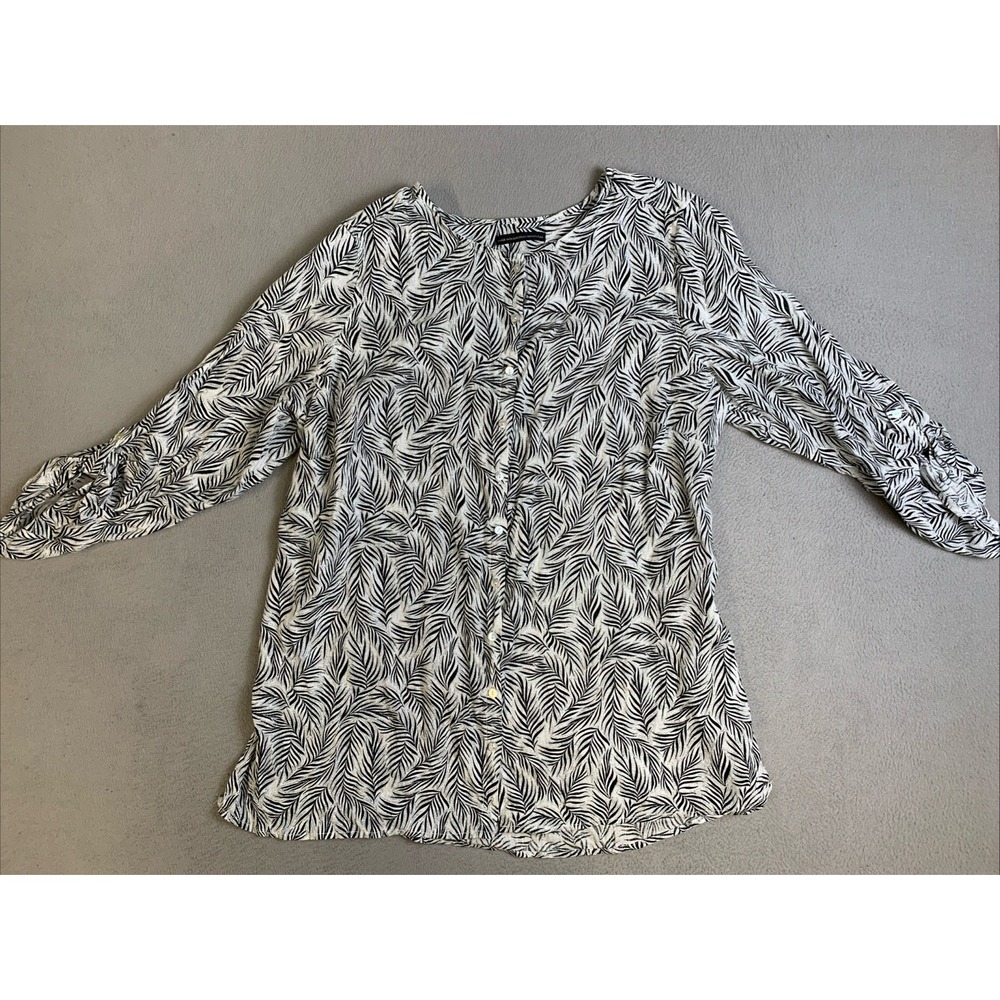 FLAX Blouse Women's Size Large 3/4 Sleeve Button Up White/White 100% Linen